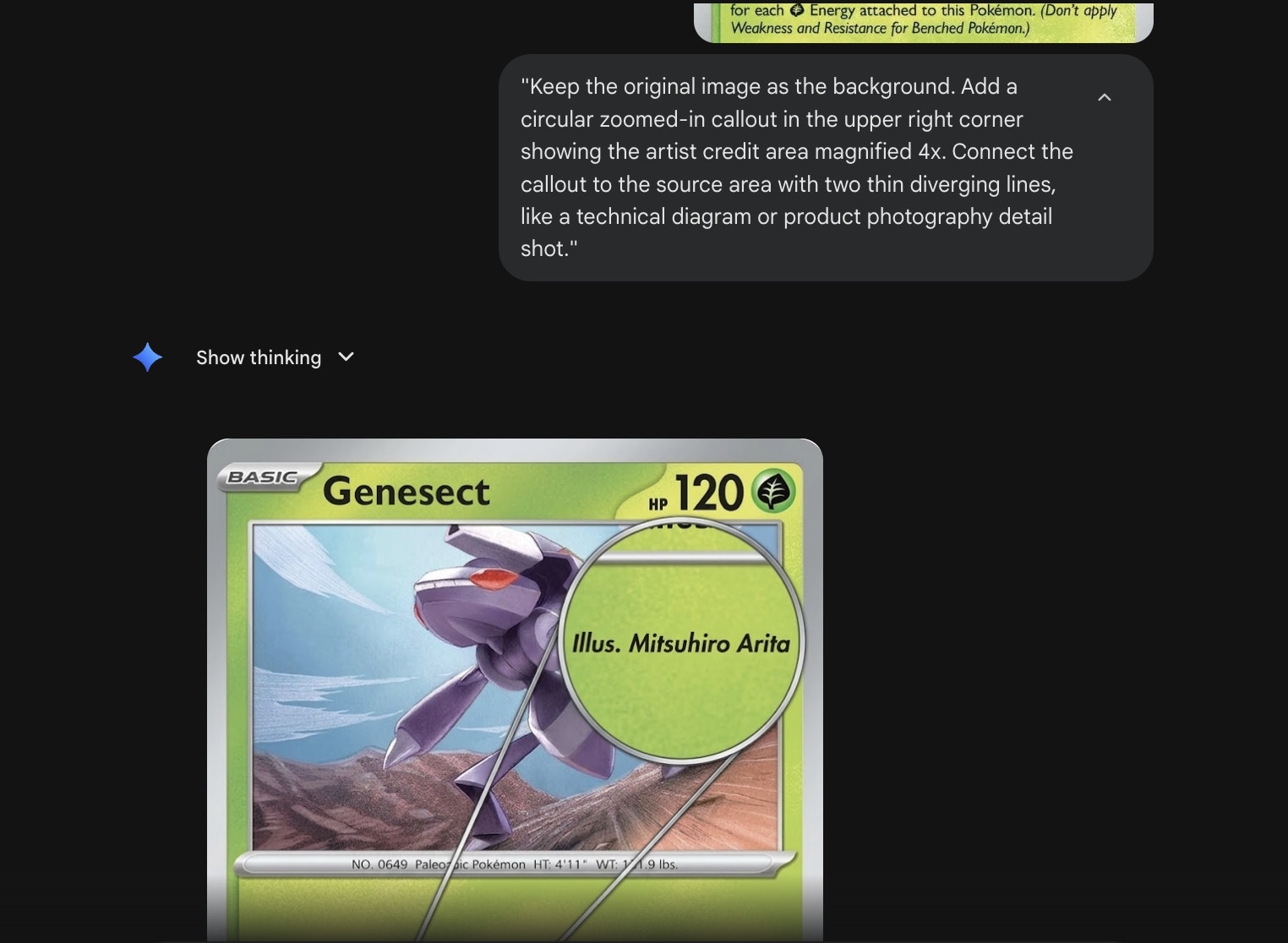 Nano Banana callout example — Genesect card with artist credit zoomed in upper right