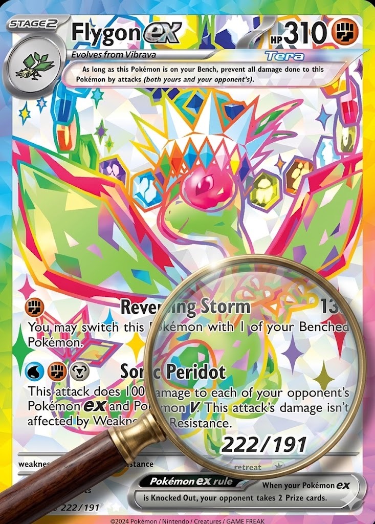Nano Banana magnifier example — Flygon ex card with 222/191 set number under a realistic magnifying glass