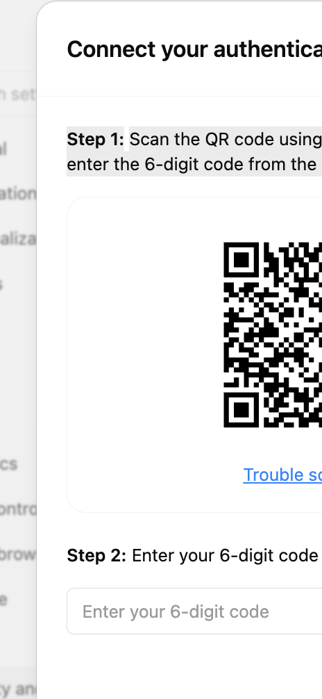 OpenAI 2FA dialog showing the QR code (cropped so the QR is incomplete)