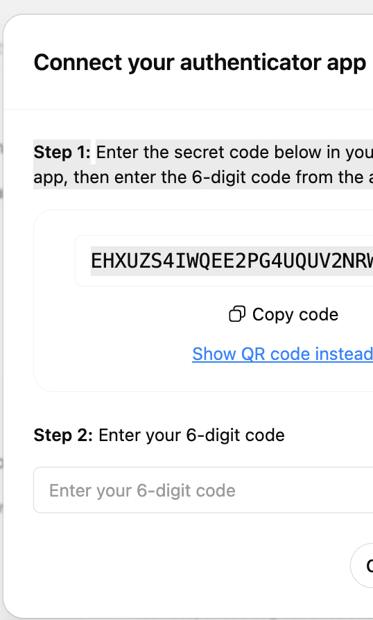 OpenAI 2FA dialog showing the secret as text (cropped so the secret is incomplete)