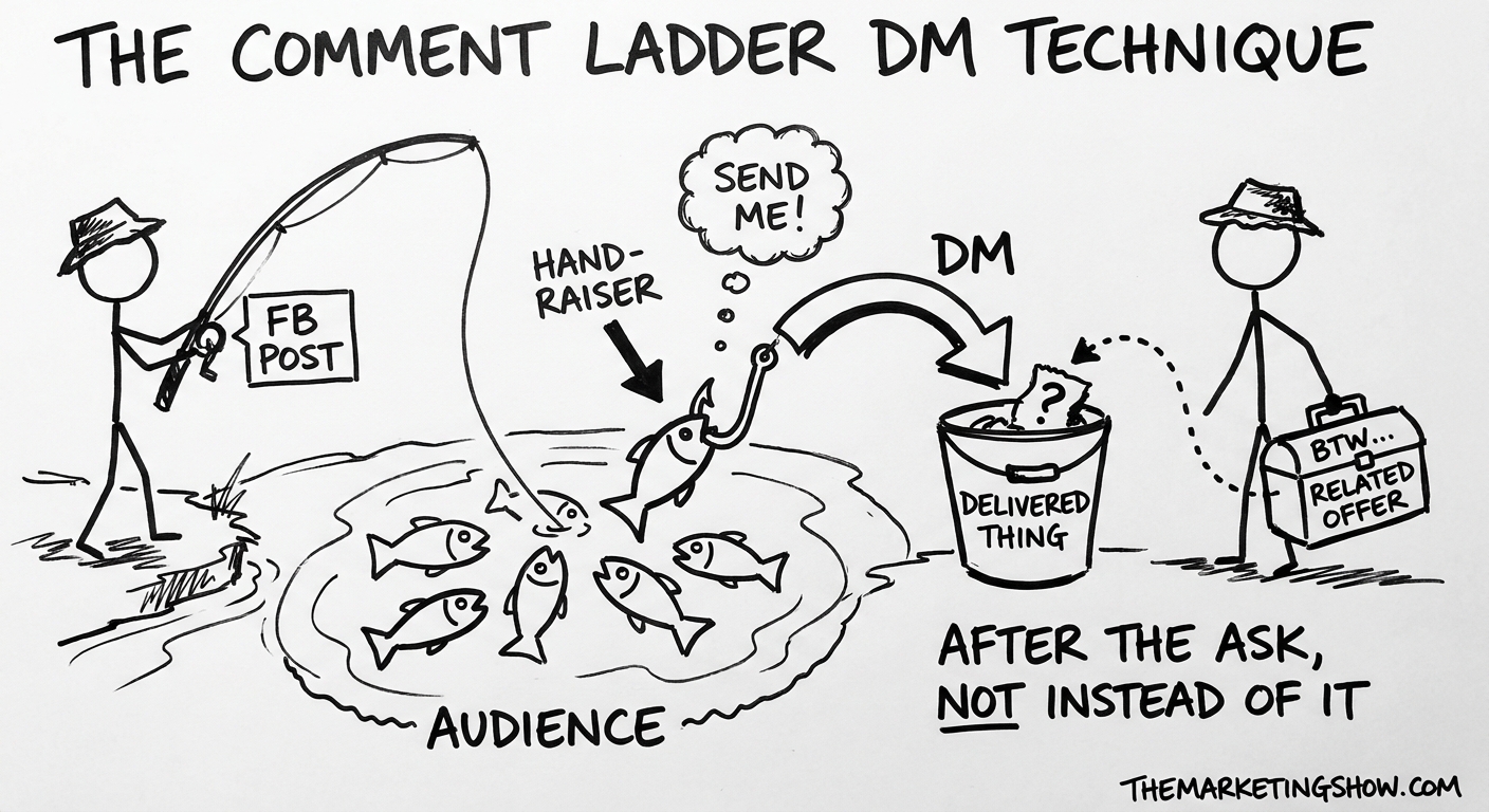 The Comment Ladder DM Technique — stick-figure doodle showing a fisherman casting into a pond where one fish raises a hand with "SEND ME!", gets reeled into a bucket labeled "DELIVERED THING", and then the fisherman offers a tackle box labeled "BTW… RELATED OFFER".