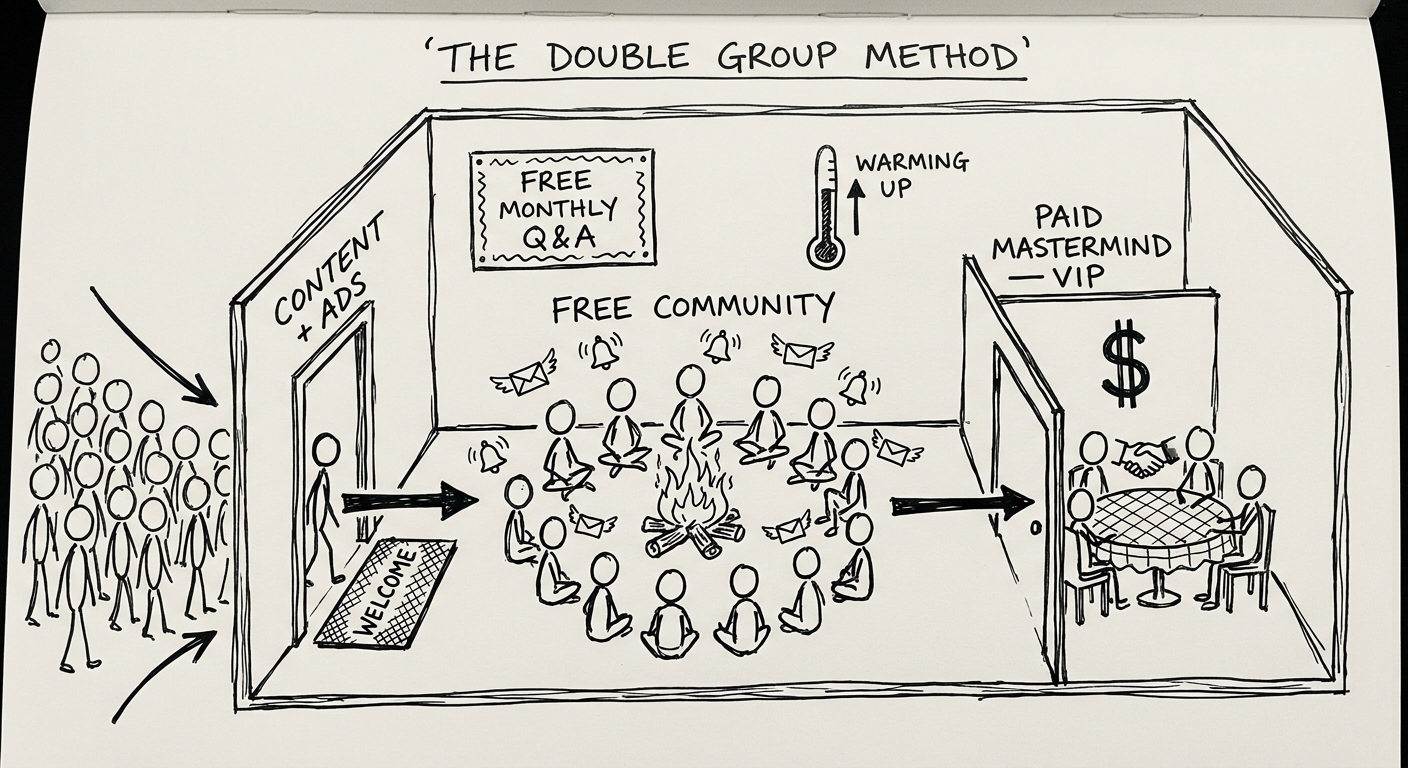 The Double Group Method — stick-figure doodle showing a cross-section of a building. A crowd enters through a door labeled "CONTENT + ADS" into a large room labeled "FREE COMMUNITY" where stick figures sit around a campfire with email and notification icons flying around. A sign on the wall says "FREE MONTHLY Q&A" and a thermometer labeled "WARMING UP" rises. In the back wall, a smaller door labeled "PAID MASTERMIND VIP" opens to a cozy room where a few stick figures sit at a round table with a dollar sign on the wall and a handshake icon between them.