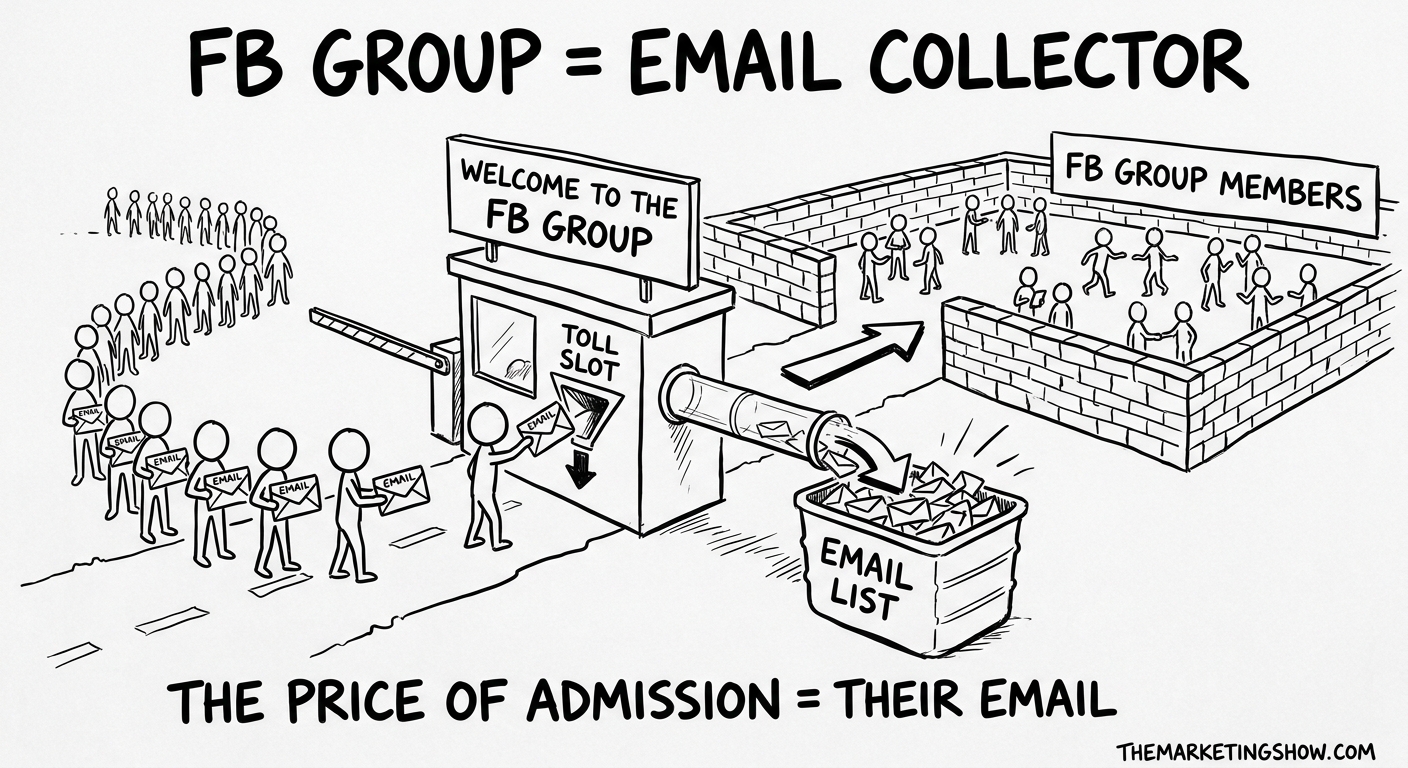 The Facebook Group Email Collector — stick-figure doodle showing a toll booth at the entrance to a Facebook group. Stick figures queue up holding envelopes marked "EMAIL", drop them into the toll slot, and the envelopes funnel into a bin labeled "EMAIL LIST". Caption: "THE PRICE OF ADMISSION = THEIR EMAIL".