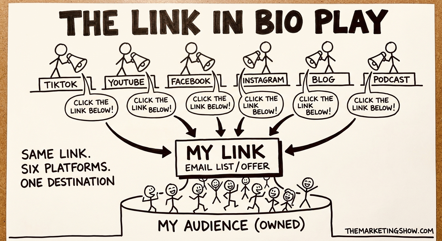 The Link in Bio Play — stick-figure doodle showing six platform stages at the top (TikTok, YouTube, Facebook, Instagram, Blog, Podcast), each with a figure holding a megaphone shouting "CLICK THE LINK BELOW!", all arrows converging on a single box labeled "MY LINK" in the center, with an audience pouring into a container labeled "MY AUDIENCE (OWNED)" below.