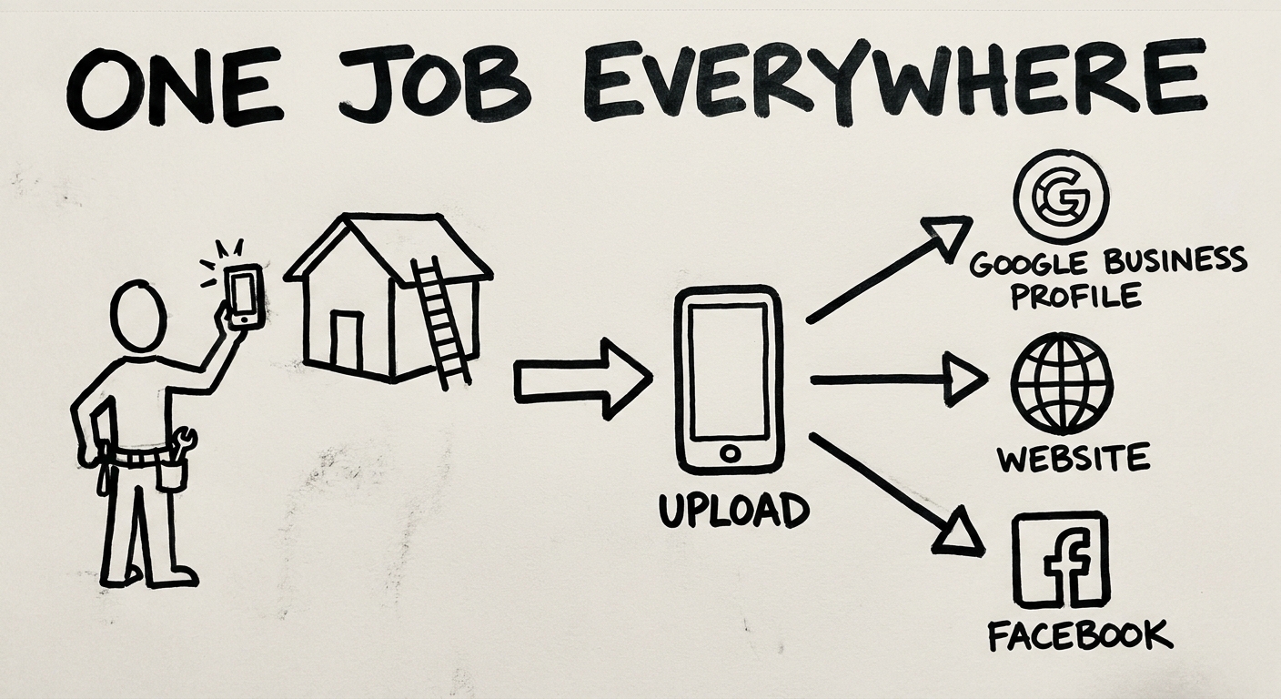 One Job Everywhere — stick-figure doodle. On the left, a handyman with a tool belt holds up a phone and photographs a house with a ladder against it. An arrow leads right to a large phone labeled "UPLOAD". From that phone, three arrows fan out to a Google Business Profile icon, a globe icon labeled "WEBSITE", and a Facebook icon.
