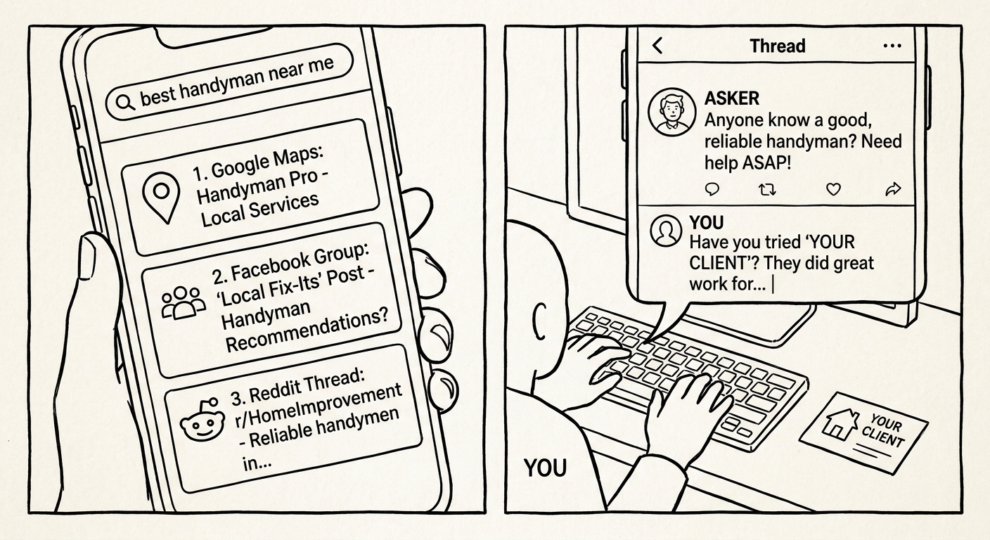 Two-panel doodle. Left panel: a hand holding a phone with a Google search for "best handyman near me" listing three results — Google Maps: Handyman Pro Local Services, Facebook Group: Local Fix-Its Post, and Reddit Thread: r/HomeImprovement. Right panel: a person at a keyboard typing a reply in a Facebook thread. The thread shows ASKER saying "Anyone know a good, reliable handyman? Need help ASAP!" and YOU replying "Have you tried 'YOUR CLIENT'? They did great work for..." A card labeled "YOUR CLIENT" sits on the desk.