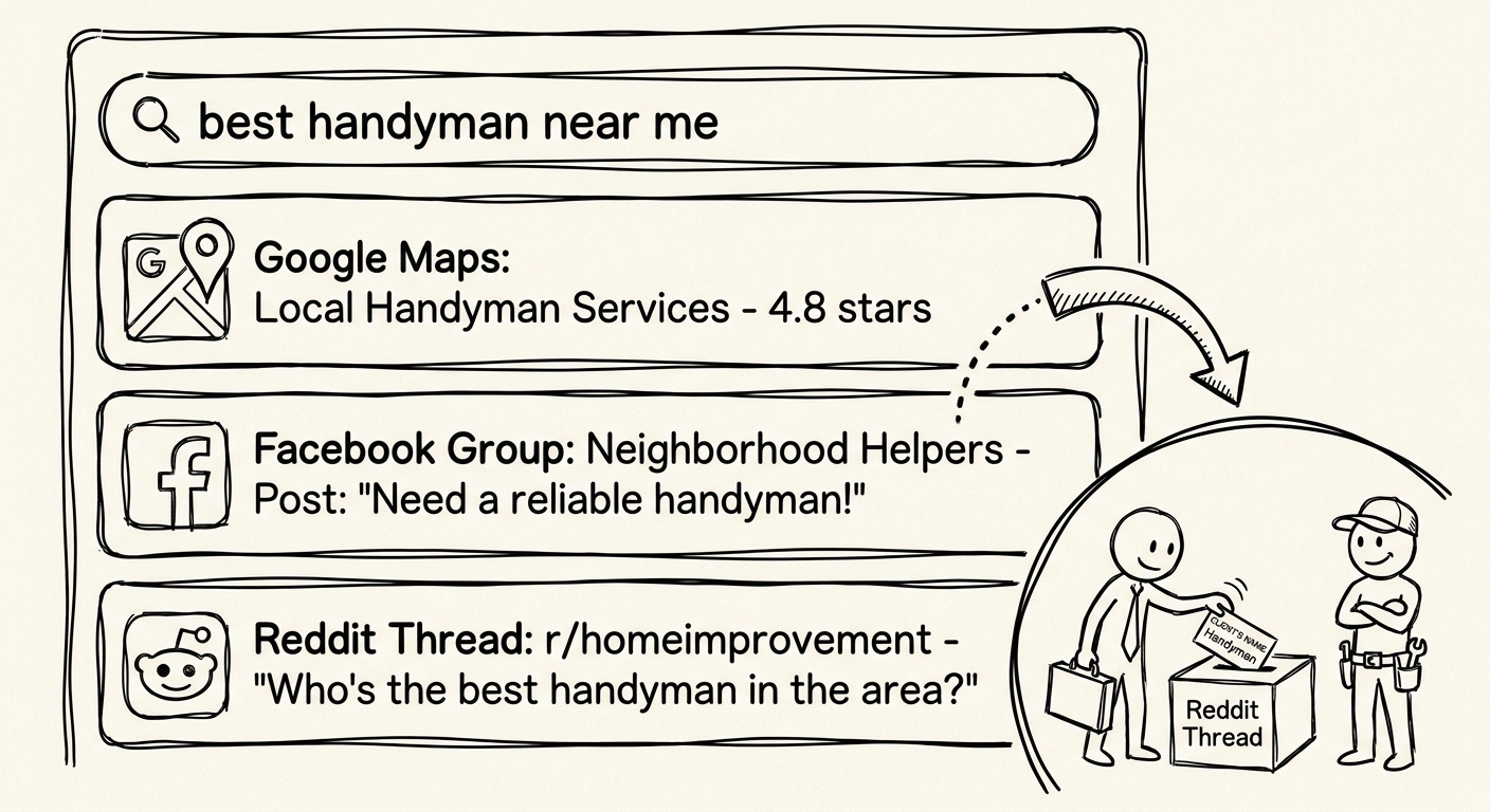 Doodle of a Google search results page for "best handyman near me" showing a Google Maps listing, a Facebook group post titled "Need a reliable handyman!", and a Reddit thread titled "Who's the best handyman in the area?". A curved arrow leads from the Reddit result to a marketer in a suit on the right side of the frame dropping a card labeled "Client's Name - Handyman" into a box labeled "Reddit Thread," with the handyman client standing beside him.