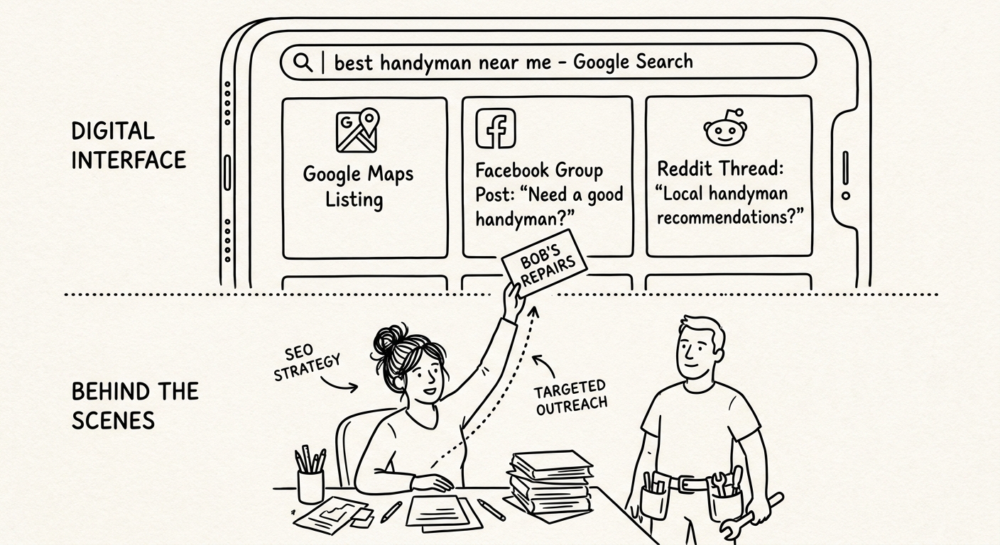 Cross-section doodle. Top half labeled "Digital Interface" shows a phone with Google search results for "best handyman near me": a Google Maps listing, a Facebook group post, and a Reddit thread. Bottom half labeled "Behind the Scenes" shows a marketer at a desk holding up a card that reads "Bob's Repairs" with arrows labeled SEO STRATEGY and TARGETED OUTREACH, and the handyman client standing next to her.